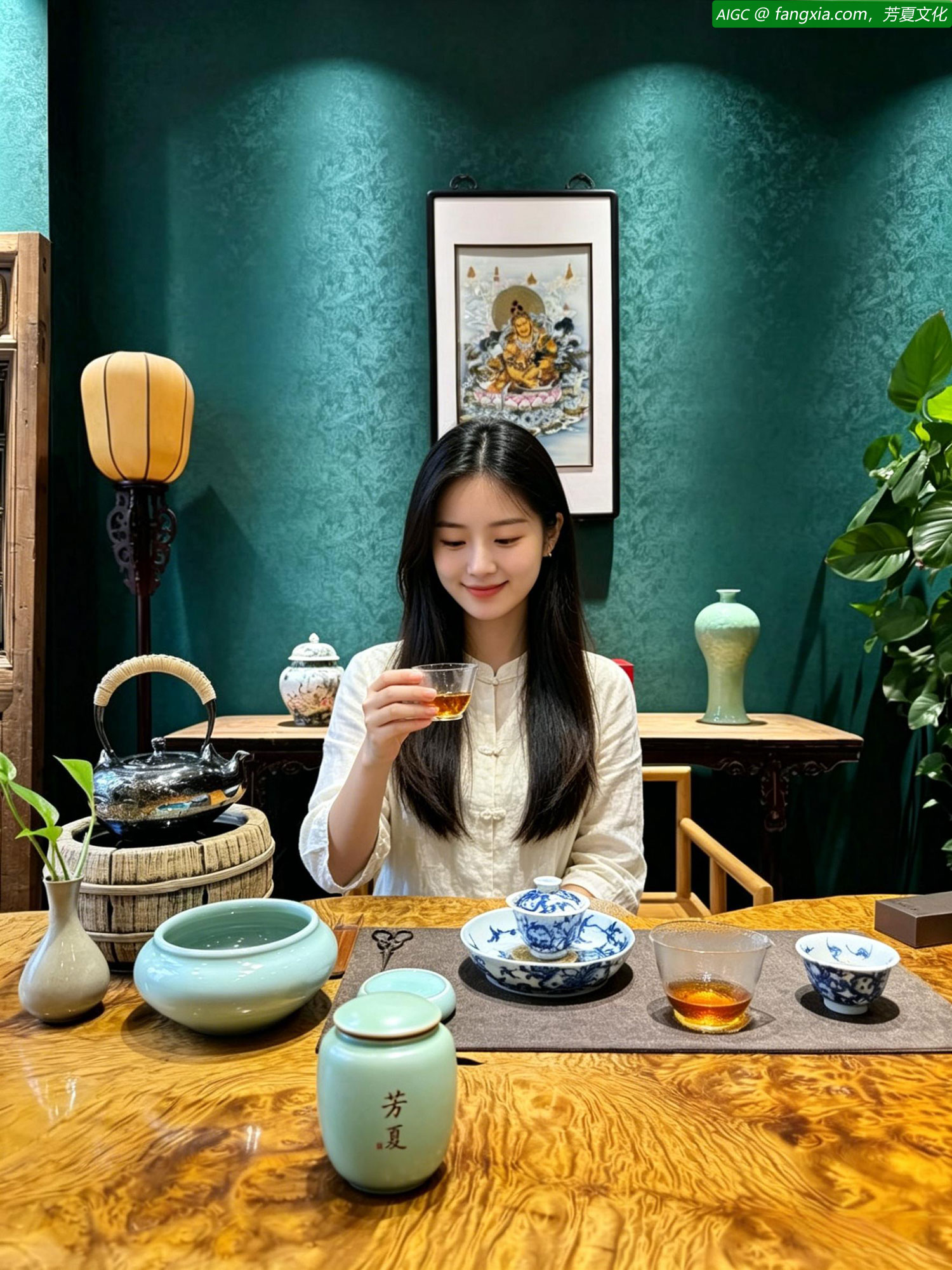 滁州西涧茶馆内茶香袅袅，菲夏姑娘正手持茶杯细细品鉴
