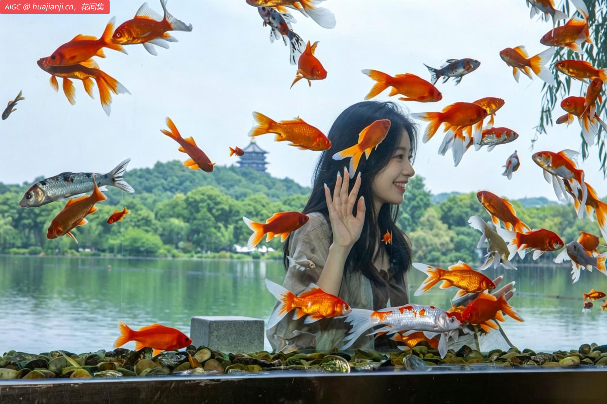 杭州，湖畔居花港店的鱼缸前，游客打卡拍照。