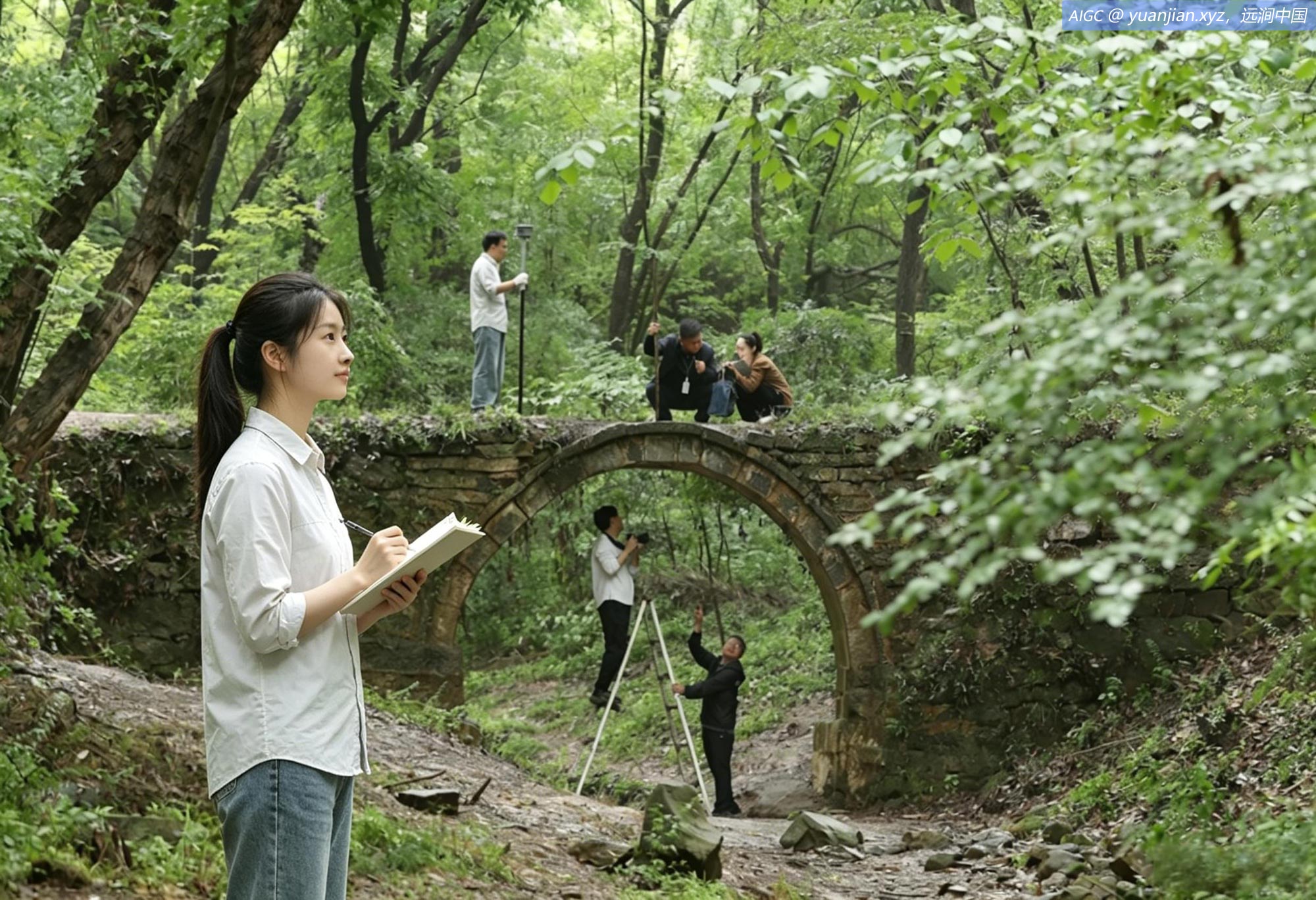 考古人员对一座建于清嘉庆年间的石拱桥进行雨后动态监测