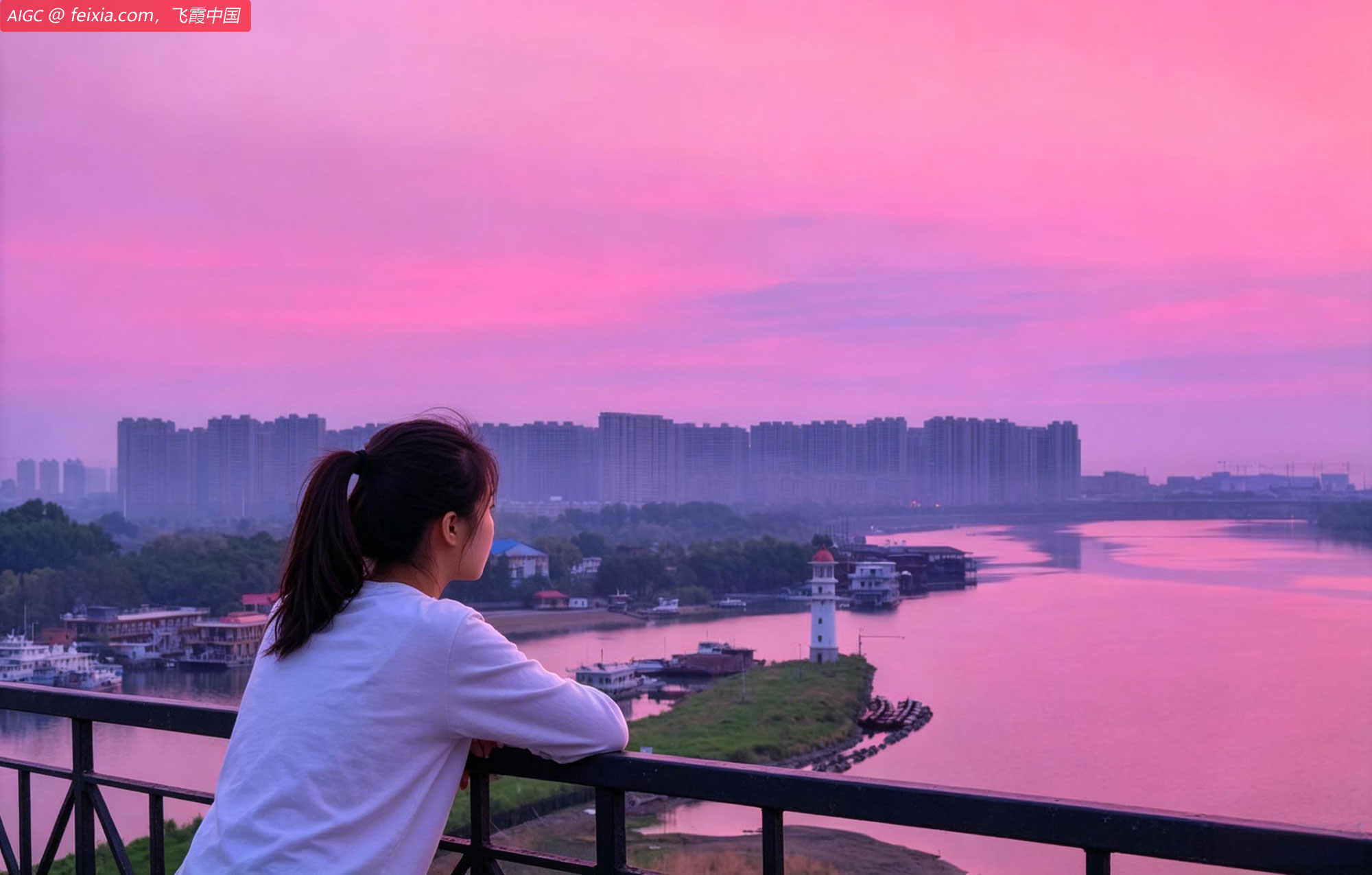 黑龙江松花江畔，粉艳朝霞将澄澈江水晕染成绮丽的粉绸