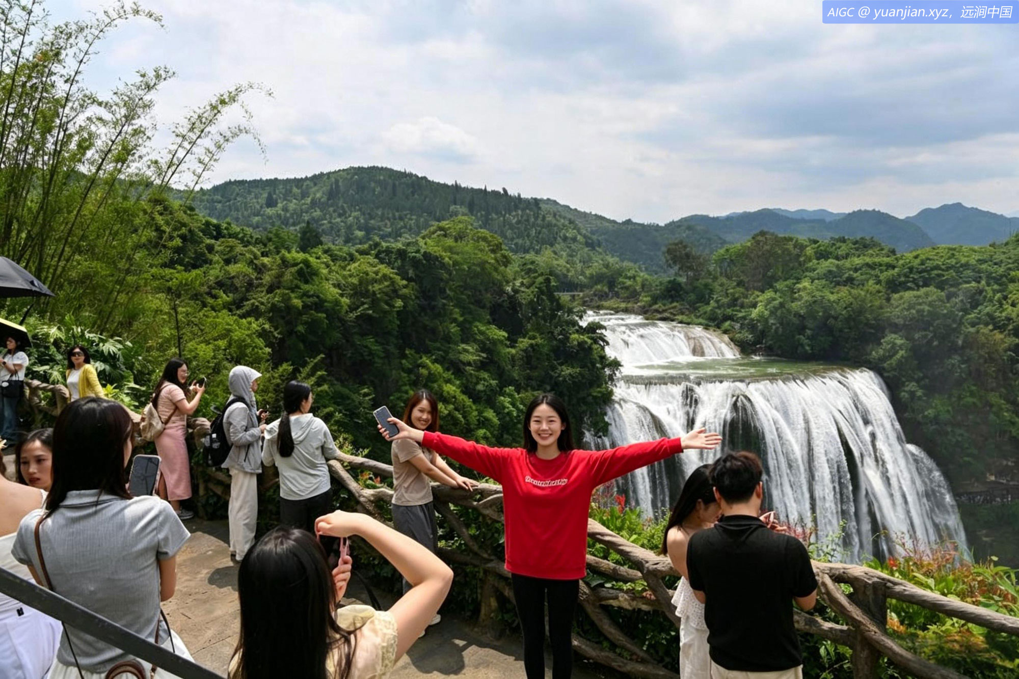 贵州安顺，游客在黄果树大瀑布景区观赏瀑布美景