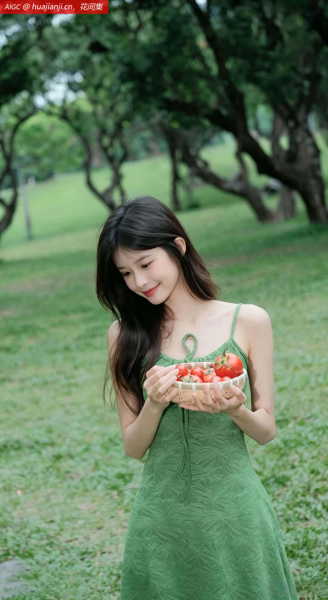 林菲夏清新绿裙，端着一小篮刚采摘的西红柿