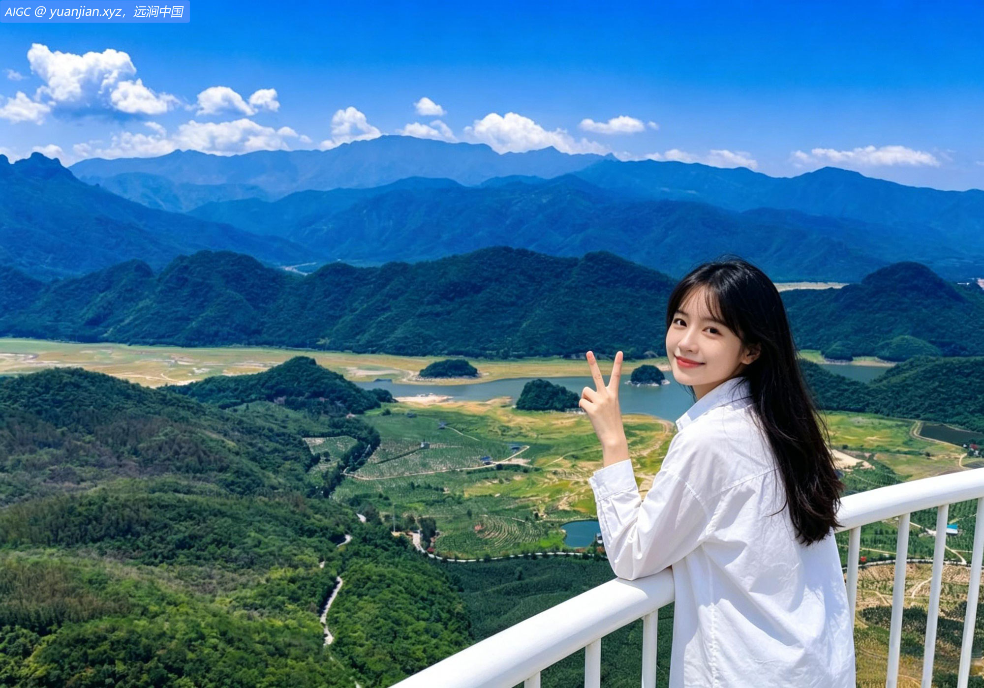 海南东方，大广坝水库在蓝天白云映衬下，璀璨夺目