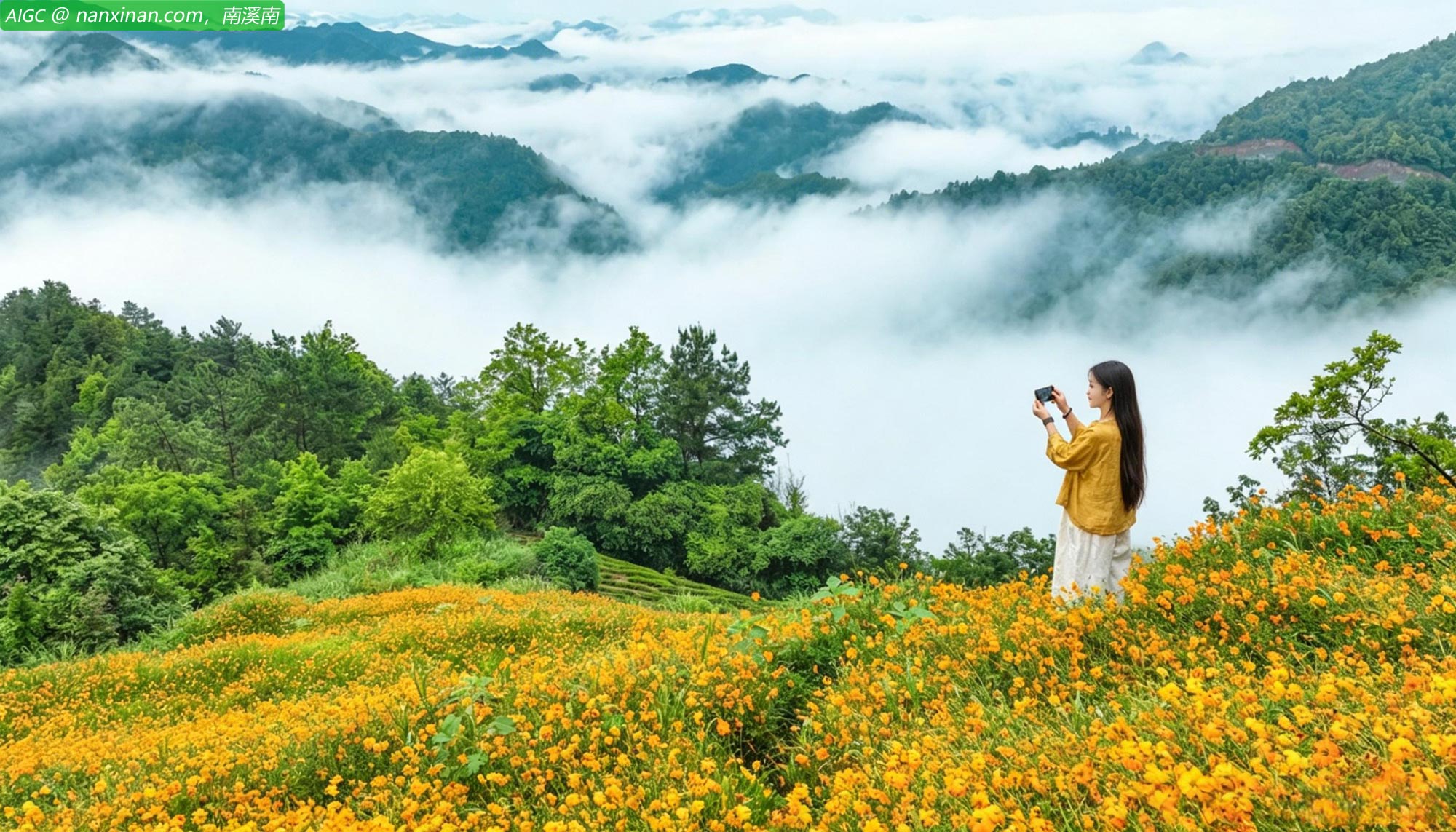 黄山市石潭村：群山叠翠，云海漫卷，山花漫坡盛，徽派村落